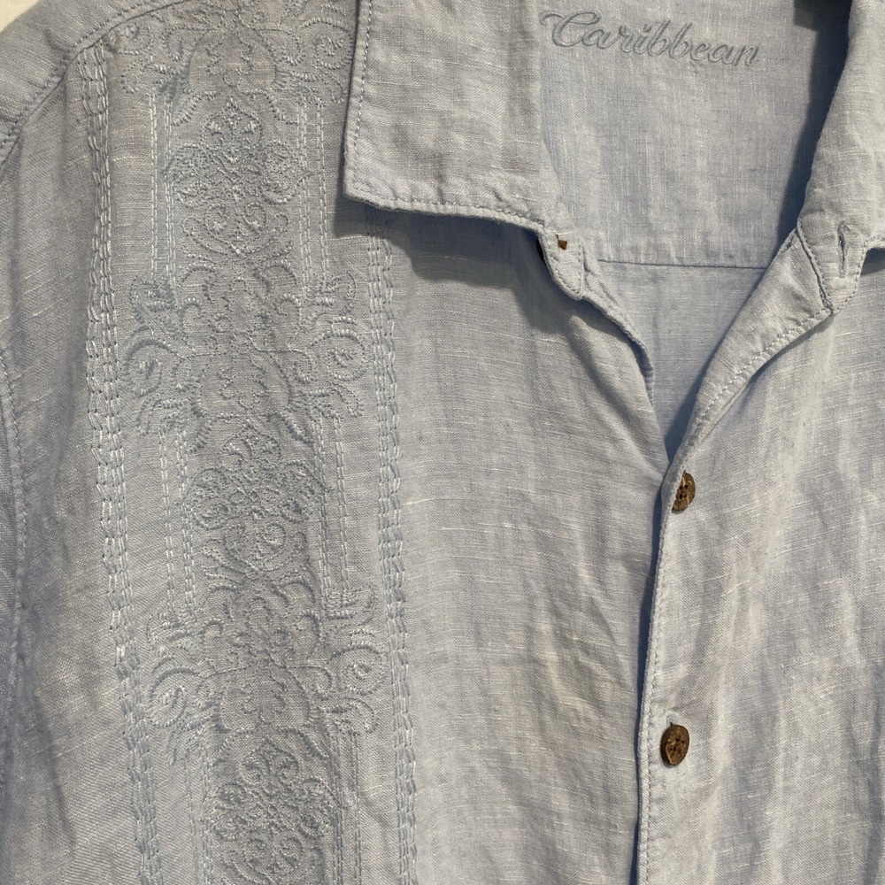 Caribbean Men's Linen Pale Blue Embroidered Button Up Shirt Sz‎ XL - Picture 2 of 10